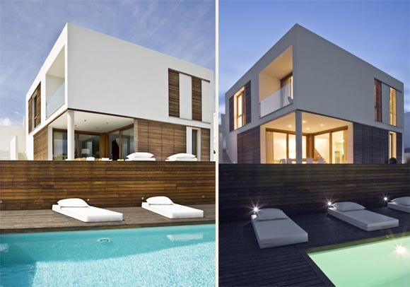 Day and Night view of Pool of Square House Single Family House in Calallonga Menorca Square House, Single Family House in Calallonga, Menorca
