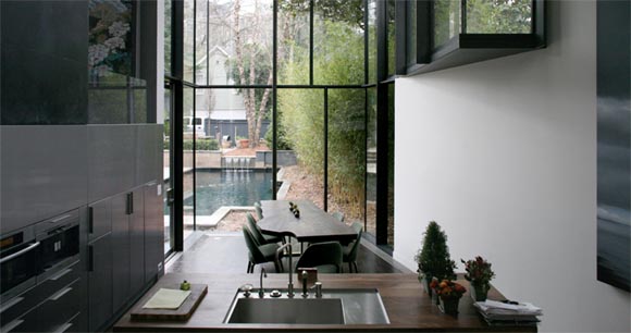 Kitchen and Dining Room view, Ansley Glass House, House with Glass Curtain-Walls